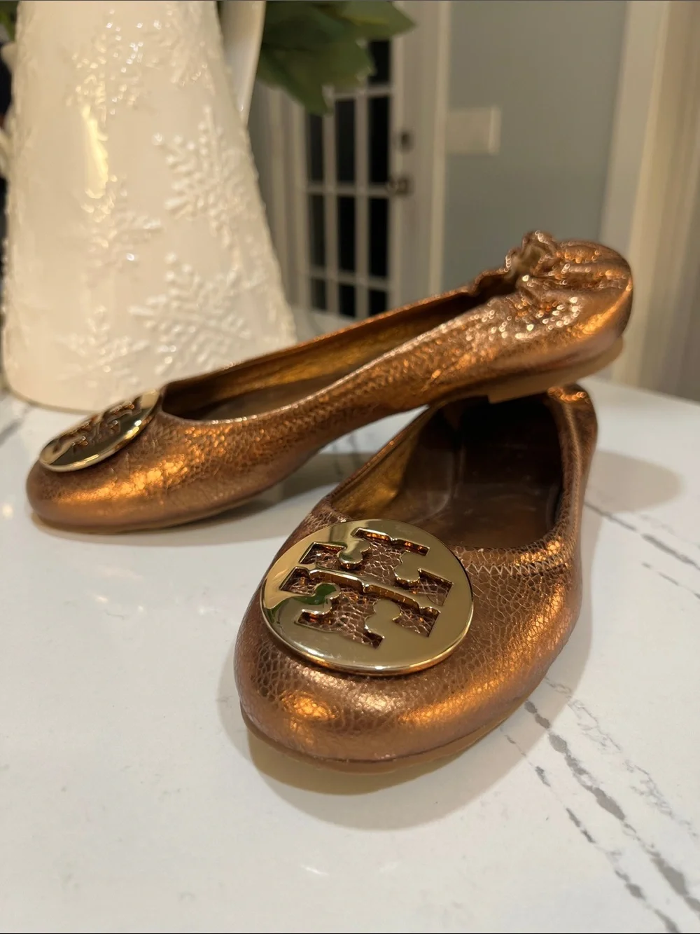 Tory Burch Reva Bronze Metallic Logo Ballet Flats Crackle Leather size 8.5